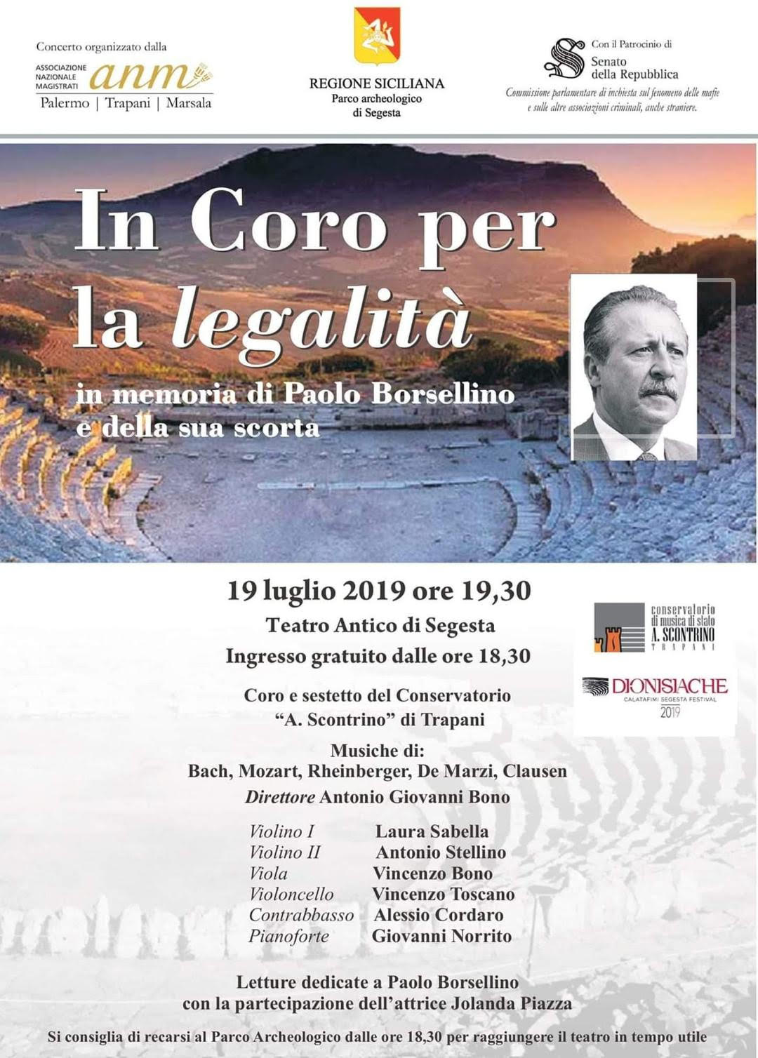 Locandina Concerto In coro per la legalità - Teatro di Segesta 19 luglio 2019